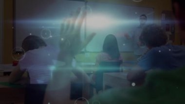 Animation of data processing over caucasian teacher with diverse students. Global education and digital interface concept digitally generated video.