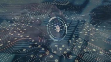 DNA iplikçiklerinin animasyonu, bilgisayar devre kartı ve klavyede yazı yazan ellerin üzerindeki veri işlemesi. Küresel teknoloji, bilgisayar ve dijital arayüz kavramı dijital olarak oluşturulmuş video.