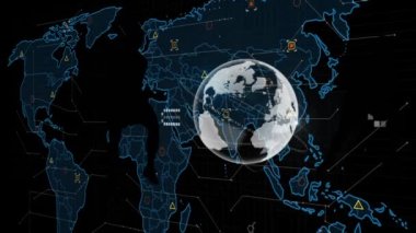 Dünya haritası ile veri işleme animasyonları siyah arkaplanda. Küresel teknoloji ve dijital arayüz konsepti dijital olarak oluşturulmuş video.