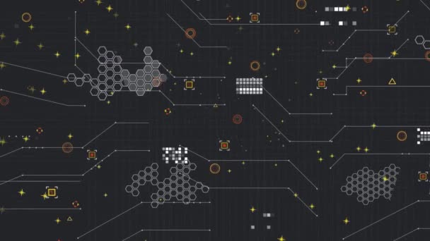 Animation Icons Dots Black Background Network Data Processing Technology Concept — Video