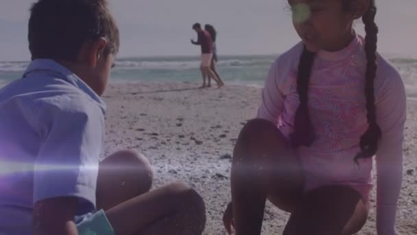 Animation Light Trails Biracial Children Playing Together Beach Lifestyle Family — Vídeo de Stock