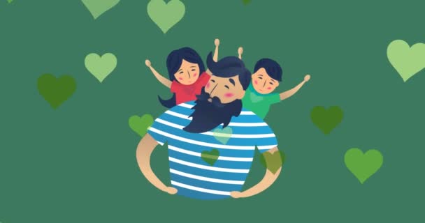 Animation Caucasian Father Daughter Son Green Background Hearts Family Adoption — Stock video