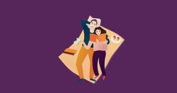 Animation Caucasian Couple Reading Blanket Purple Background Hearts Family Adoption — 图库视频影像