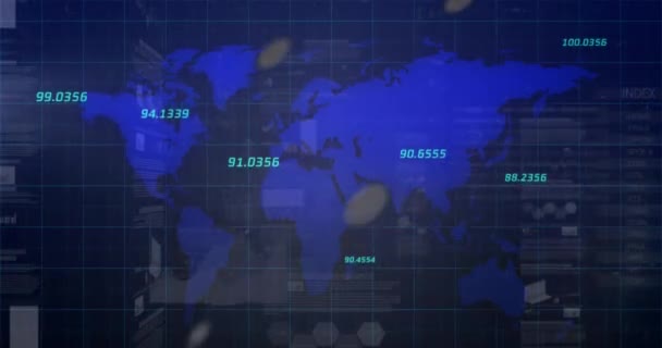 Animação Gráficos Financeiros Dados Sobre Mapa Mundo Fundo Marinho Conceito — Vídeo de Stock