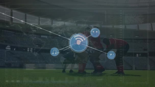 Animation Des Netzwerks Von Verbindungen Über Verschiedene Männliche Rugbyspieler Sport — Stockvideo
