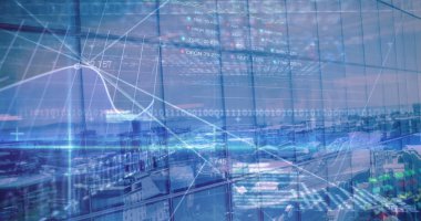 Şehir manzarası üzerinde veri işleme resmi. küresel iş ve dijital arayüz kavramı dijital olarak oluşturulmuş görüntü.
