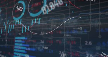 Siyah arkaplandaki veri işleme üzerindeki grafiklerin resmi. Küresel iletişim, iş, veri ve dijital arayüz kavramı dijital olarak oluşturulmuş görüntü.