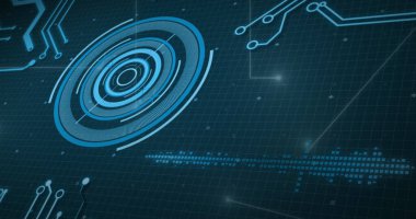 Kapsam taraması ve veri işlemeli bilgisayar devre kartı görüntüsü. küresel bağlantılar, veri işleme ve dijital arayüz konsepti dijital olarak oluşturulmuş resim.