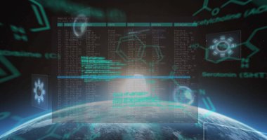 Veri işleme ve evrende dünyayı tarayan dürbünlerin görüntüsü. küresel bilim ve dijital arayüz kavramı dijital olarak oluşturulmuş görüntü.