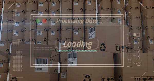 Image of data processing over stack of cardboard boxes. global shipping, delivery and shopping concept digitally generated image.