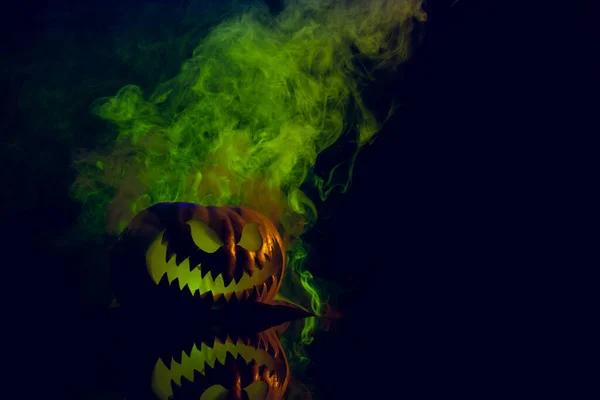 Composition Halloween Carved Pumpkin Smoke Green Light Black Background Halloween — Stockfoto