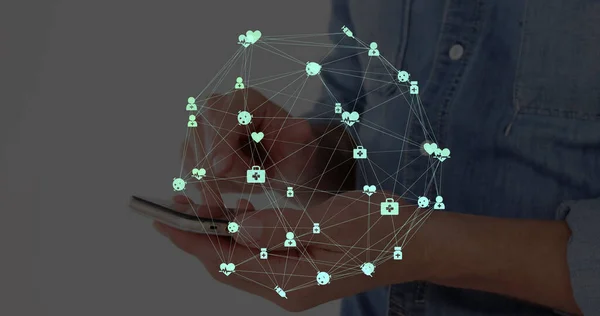 Image of globe with network of connections with digital icons over woman using smartphone. global connections, network, technology and digital interface concept digitally generated image.