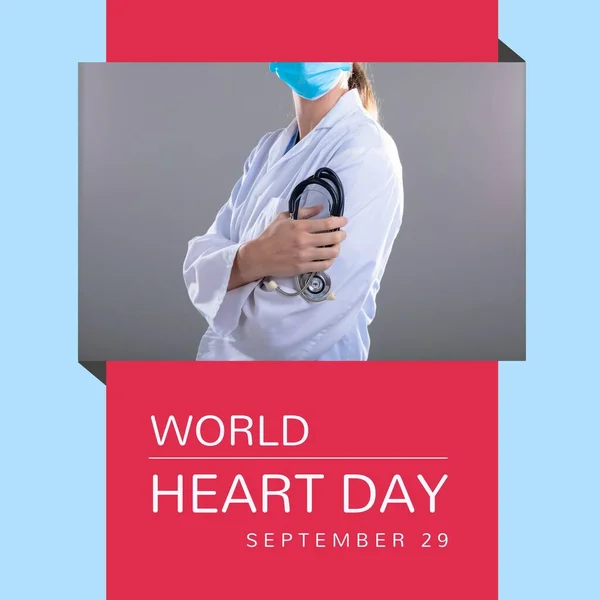 World Heart Day Text Caucasian Female Doctor Stethoscope Face Mask — 스톡 사진