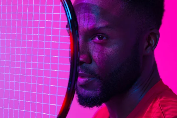 Image African American Male Tennis Player Neon Pink Lighting Sport — Fotografia de Stock