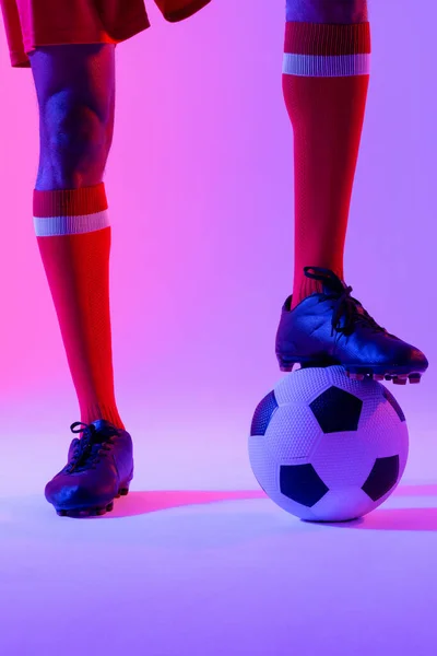 African American Male Soccer Player Football Neon Pink Lighting Sport — 图库照片