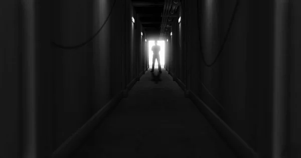Image Man Silhouette Standing Dark Corridor Horror Fright Halloween Computer — Stockfoto