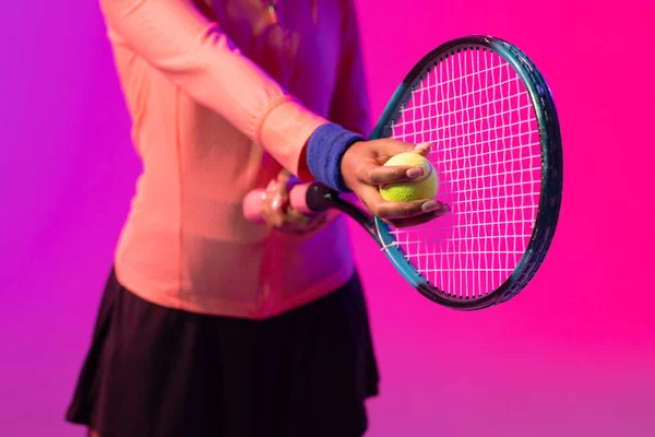 Image Midsection African American Female Tennis Player Racket Neon Pink — Stockfoto