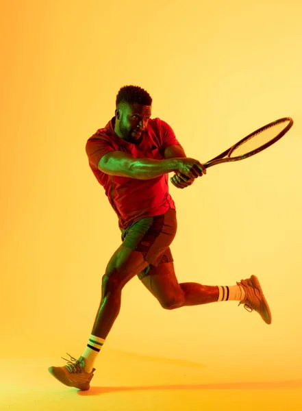 Vertical Image African American Male Tennis Player Hitting Ball Yellow — Stockfoto