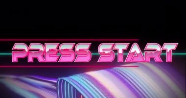 Basın başlangıç metninin animasyonu ve siyah arkaplan üzerinde ışık izleri. Geçmişe dönük gelecek ve dijital arayüz kavramı dijital olarak oluşturulmuş video.