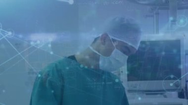 Animation of network of connections over diverse male surgeon and female patient. Health, medicine, connections and technology concept digitally generated video.