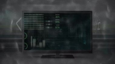 Animation of mathematical equations over data processing and scope scanning on tv screen. Global technology, computing and digital interface concept digitally generated video.