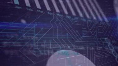 Bilgisayar devre kartı ve simge üzerinde veri işleme animasyonu. Küresel teknoloji, bilgisayar ve dijital arayüz kavramı dijital olarak oluşturulmuş video.