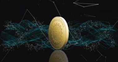 Animation of nft text on golden coin and network of connections over dark background. Global business, finances, data processing and digital interface concept digitally generated video.