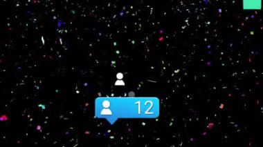 Siyah arka planda medya simgeleri ve konfeti animasyonu. Sosyal medya ve dijital arayüz konsepti dijital olarak oluşturulmuş video.