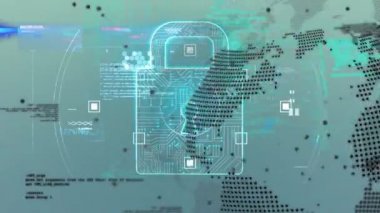 Animation of world map, data, globe and digital padlock on green background. Data safety,network, connections, data processing and technology concept digitally generated video.