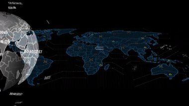 Dünya haritası ve kara zemin üzerindeki dünya ile veri işleme animasyonu. Küresel teknoloji ve dijital arayüz konsepti dijital olarak oluşturulmuş video.