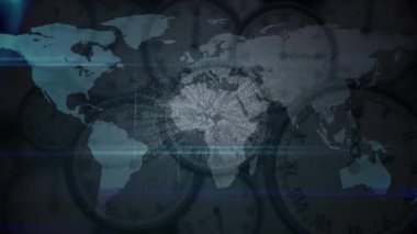 Nft metninin animasyonu ve saatler üzerinde dünya haritası. Küresel teknoloji ve dijital arayüz konsepti dijital olarak oluşturulmuş video.