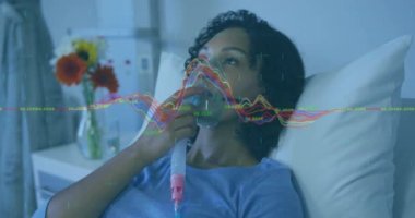 Animation of data processing over african american women using oxygen mask. Global medicine, technology, data processing and digital interface concept digitally generated video.
