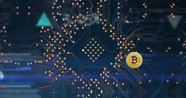 Mavi arka planda veri işleme ve bitcoin animasyonları. Küresel iş ve dijital arayüz kavramı dijital olarak oluşturulmuş video.