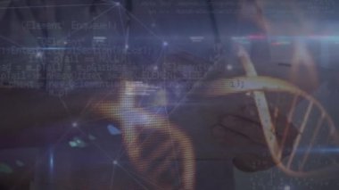 Kafkas erkek doktor üzerinde bağlantı ve DNA animasyonu. Sağlık, tıp ve teknoloji konsepti dijital olarak üretilen video.