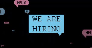 Merhaba, merhaba mesajlarıyla siyah arkaplan üzerinden eleman alımı yapıyoruz. İş, iş arama ve askere alma süreci kavramı dijital olarak oluşturulmuş video.