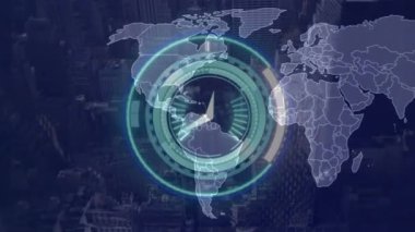 Şehir haritası ve saatinin animasyonu. Küresel teknoloji ve dijital arayüz konsepti dijital olarak oluşturulmuş video.
