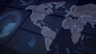 Siyah arkaplanda dünya haritasının animasyonu. Küresel teknoloji, bilgisayar ve dijital arayüz kavramı dijital olarak oluşturulmuş video.