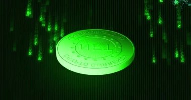 Koyu arkaplandaki altın madeni para üzerindeki nft metnin animasyonu. Küresel iş, finans, veri işleme ve dijital arayüz kavramı dijital olarak oluşturulmuş video.