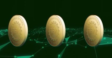 Animation of nft text on golden coins and network of connections over dark background. Global business, finances, data processing and digital interface concept digitally generated video.