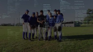 Animation of data processing over diverse female baseball players. Global sport and digital interface concept digitally generated video.