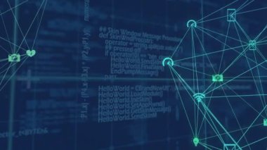 Mavi arkaplanda veri işleme animasyonu. küresel iş ve dijital arayüz kavramı dijital olarak oluşturulmuş video.