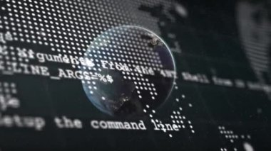 Dijital uzayda dönen küre ve sayıların animasyonu. Dijital arayüz teknolojisi ve ağ konsepti dijital olarak oluşturuldu.