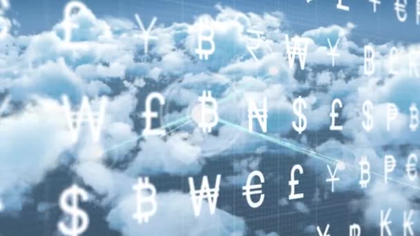 Animation Currency Symbols Network Connections Sky Clouds Global Technology Digital — Stock Video