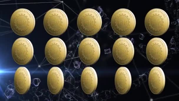 Animation Nft Text Golden Coins Network Connections Dark Background Global — Stockvideo