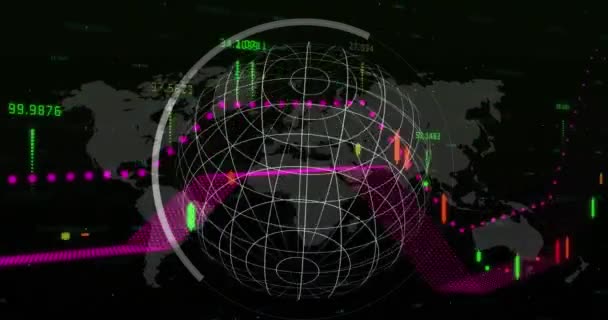 Animation Der Datenverarbeitung Mit Graphen Über Weltkarte Und Globus Globales — Stockvideo