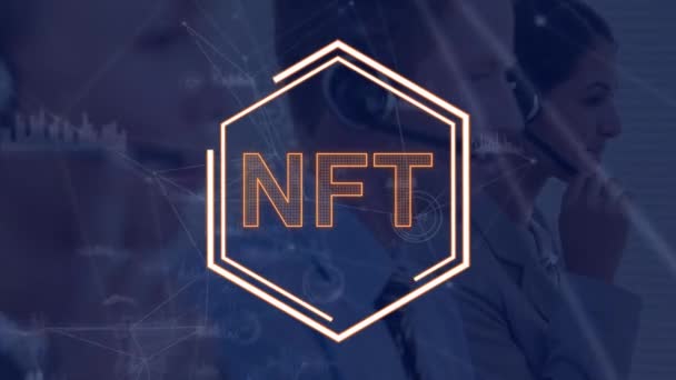 Animace Zpracování Dat Nft Text Nad Různými Podnikateli Úřadu Globální — Stock video