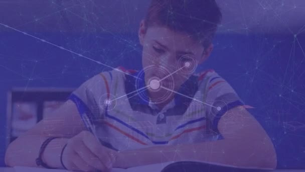 Animation Network Connections Caucasian Schoolboy Learning Global Education Digital Interface — Αρχείο Βίντεο