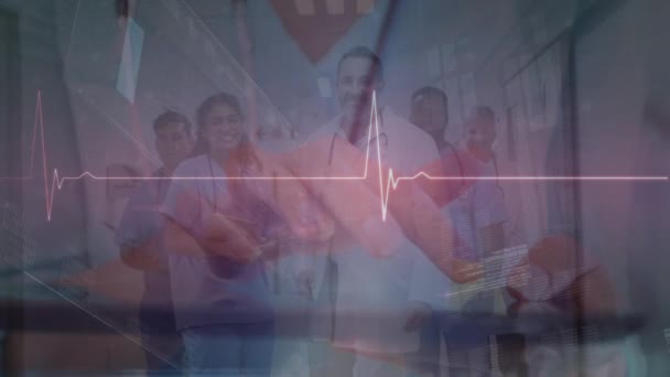 Animáció Szívverés Felett Boldog Változatos Orvosok Mosolyognak Kamera Egészségügyi Gyógyászati — Stock videók