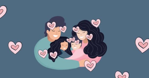 Animation Happy Biracial Parents Children Blue Background Hearts Family Adoption — Αρχείο Βίντεο