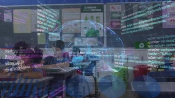 Animation Data Processing Diverse Schoolchildren Learning Global Education Digital Interface — Video Stock